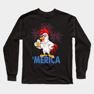 Merica Funny Chicken with beer USA Flag 4th of July Long Sleeve T-Shirt